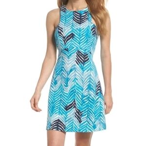 Trina Turk Blue Halter A-Line Dress Leaf Print Sleeveless Keyhole Back Mini SZ 8